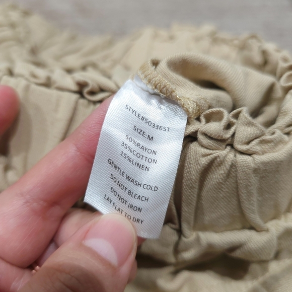 Tan Linen Cotton Blend Elastic Waist Midi Skirt, Tie Belt, Front Slit, Pockets - Picture 12 of 14